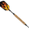 A black and yellow flame design on a wooden handle.