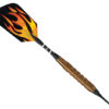 A black and orange fire design with a wooden handle.