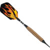 A black and orange fire design on a wooden handle.