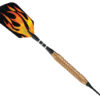 A black and yellow fire design on a wooden handle.