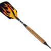 A wooden handle with a black and yellow flame design on it.