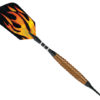 A fire themed darts with a wooden handle