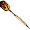 A black and gold darts with flames on it