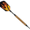 A black and yellow flame design on a wooden handle.