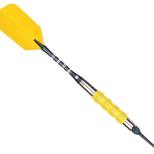 A yellow and black plastic dart board with two darts.