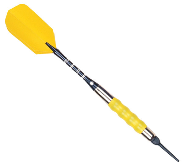 A yellow and black plastic dart board with two darts.