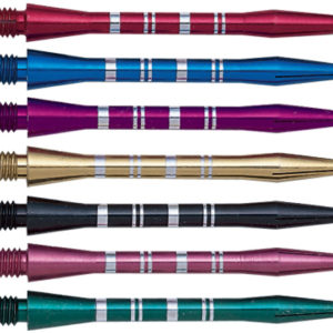 A group of nine different colored darts.