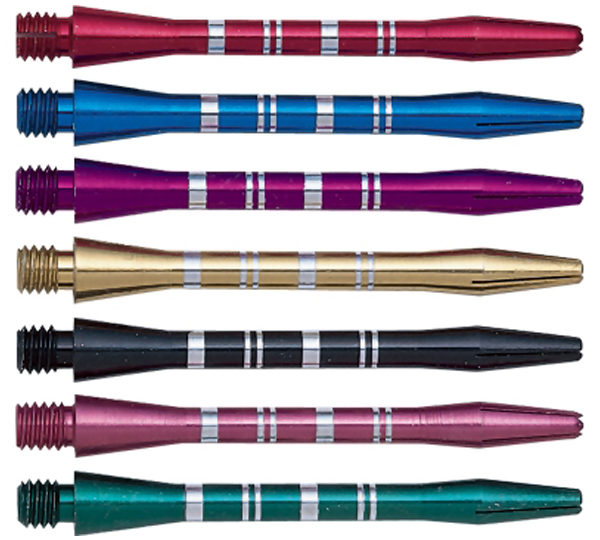 A group of nine different colored darts.