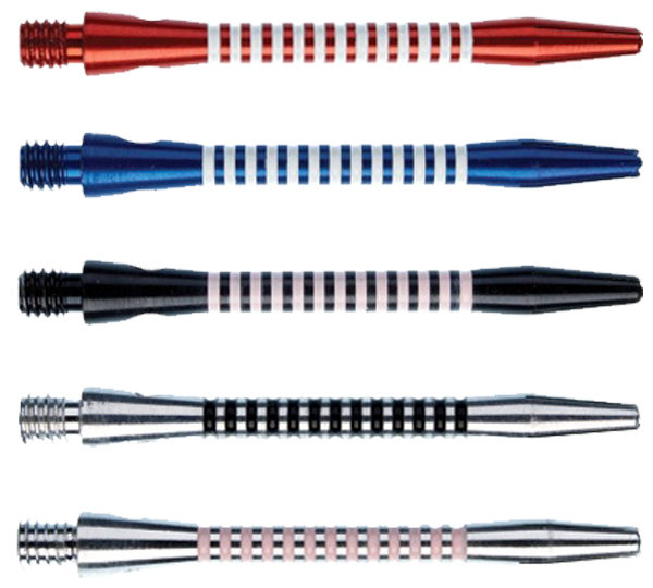 A group of six different darts in various colors.