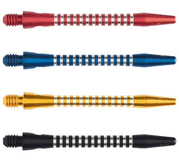 A set of four different colored darts.