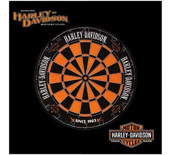 A harley davidson dartboard with the logo of the company.