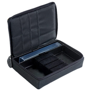 A black case with many compartments and a blue handle.