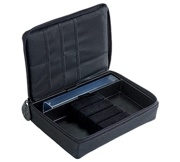 A black case with many compartments and a blue handle.