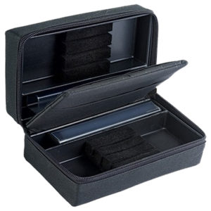 A black case with two compartments and one compartment open.