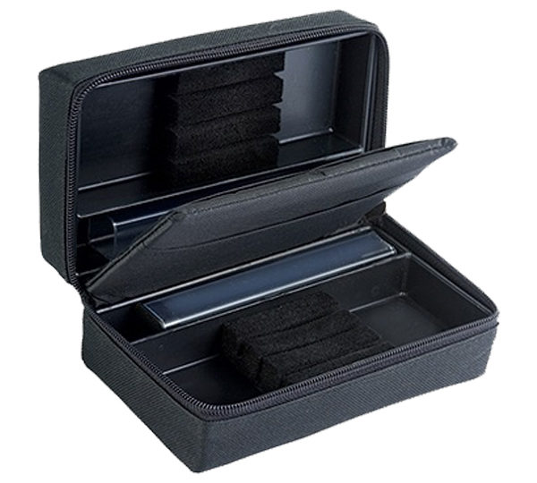 A black case with two compartments and one compartment open.