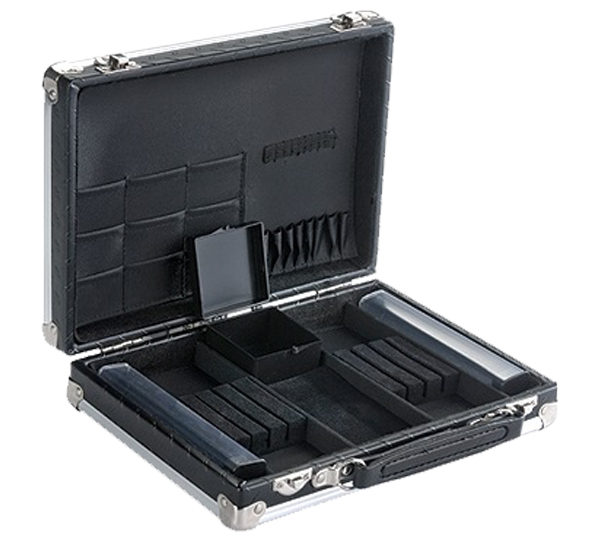 A black case with many compartments and an open lid.