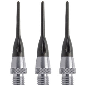 Three black and silver metal needles with a white background