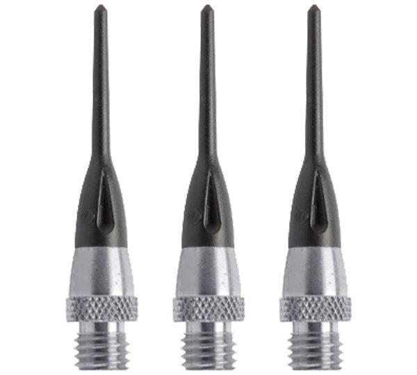 Three black and silver metal needles with a white background