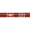 A red and gold pen with a black oval on the bottom.