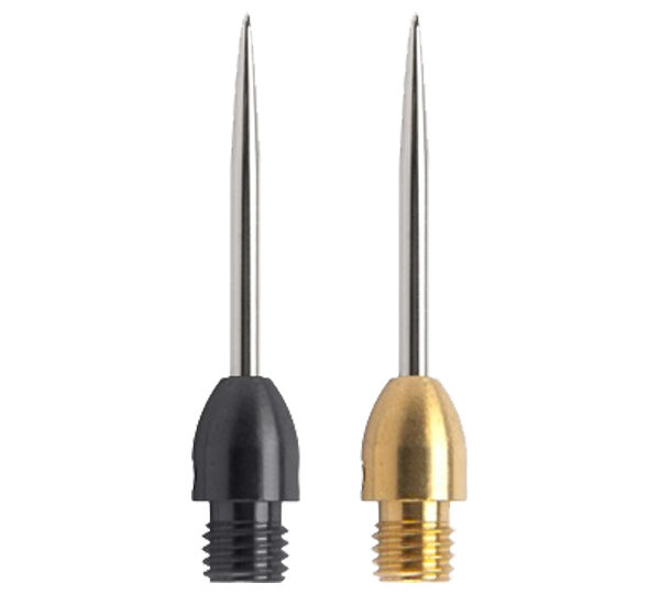 A pair of needles are shown in black and gold.