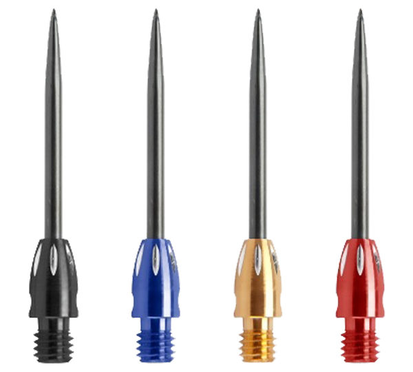 A set of four different colored darts.