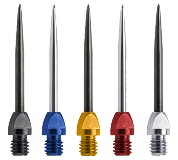 A group of five different colored metal spikes.