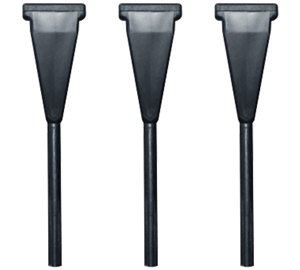 Three black plastic handles with a white background