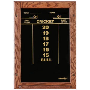 A wooden framed board with the time and cricket times written on it.