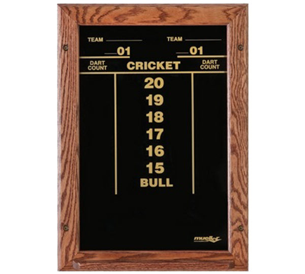 A wooden framed board with the time and cricket times written on it.