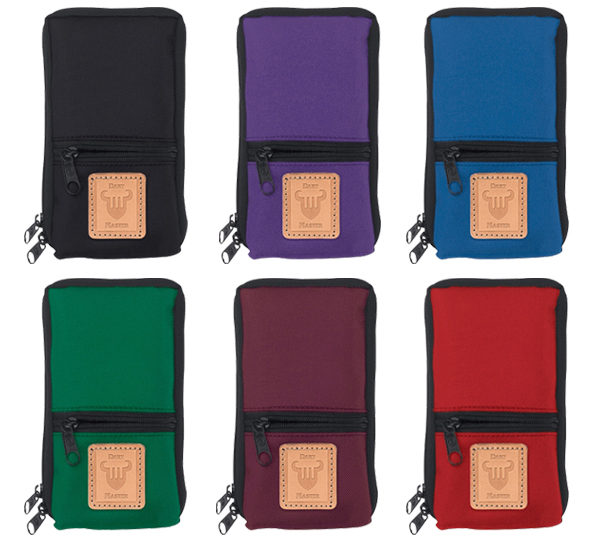 A set of six different colored bags with a black strap.