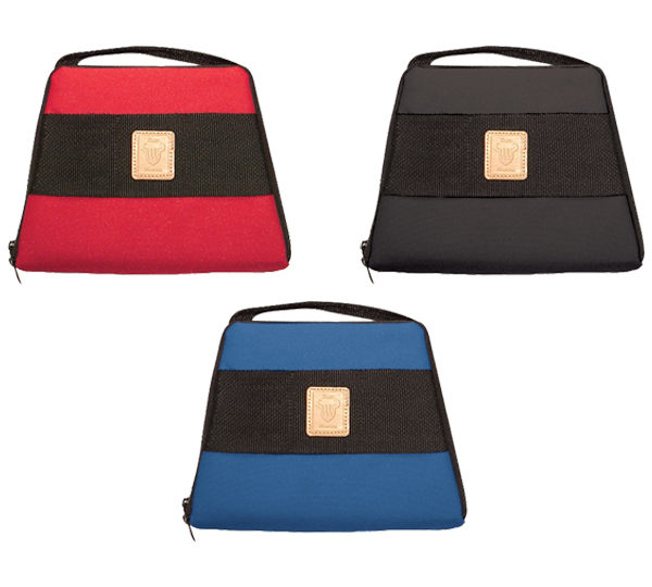 Three different colored bags with a black strip on the front.