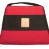 A red and black bag with a gold plaque on it.