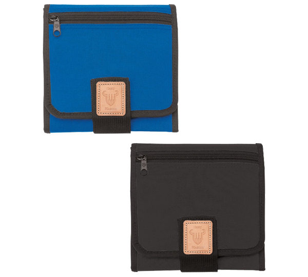 A blue and black wallet are shown side by side.