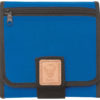 A blue wallet with black trim and an id holder.