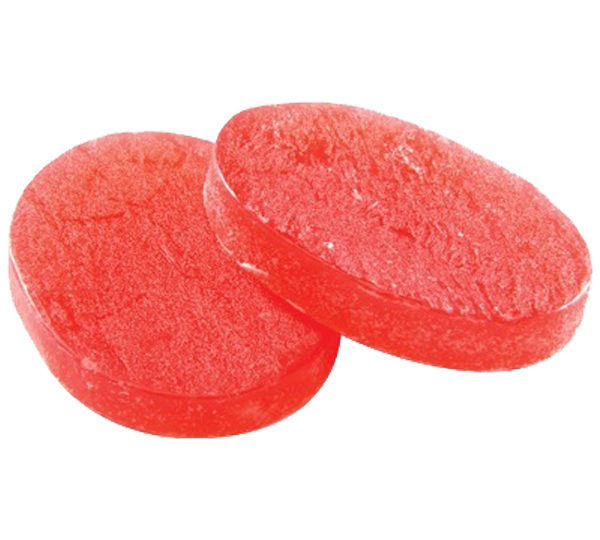 Two red round candies sitting next to each other.