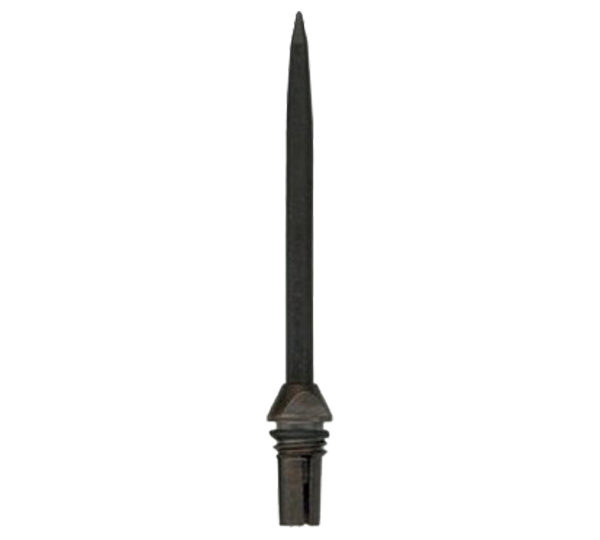 A black candle stick with a long handle.