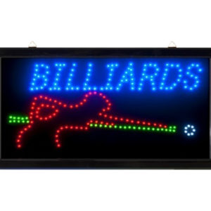 A neon sign that says billiards with a picture of a pool table.