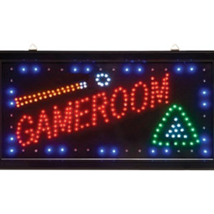 A neon sign that says gameroom with lights.