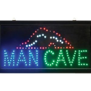 A man cave sign with blue and green lights.