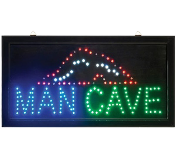 A man cave sign with blue and green lights.