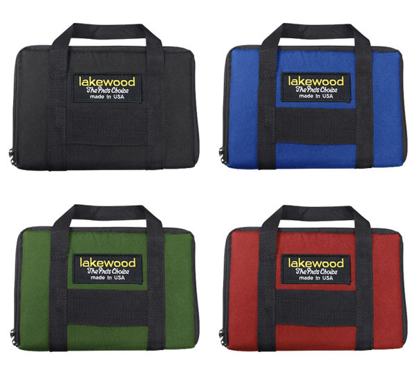 A group of four different colored bags with handles.