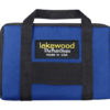 A blue bag with black handles and yellow label.