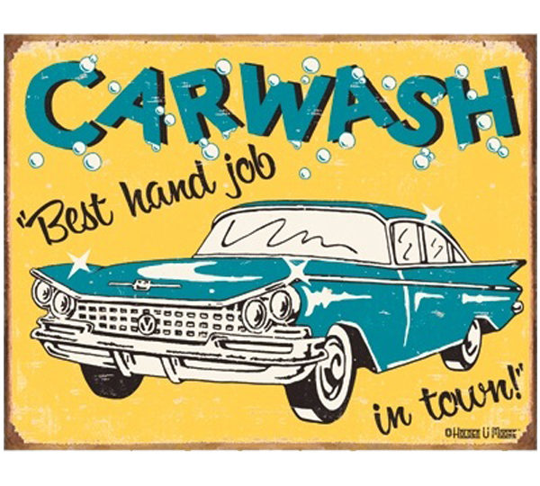 A car wash sign with an old blue car.