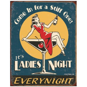 A vintage ladies night sign with a woman in red.