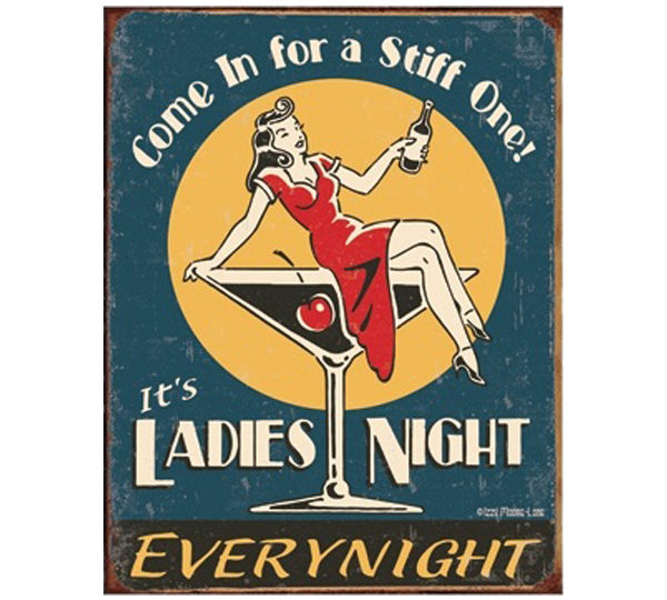 A vintage ladies night sign with a woman in red.