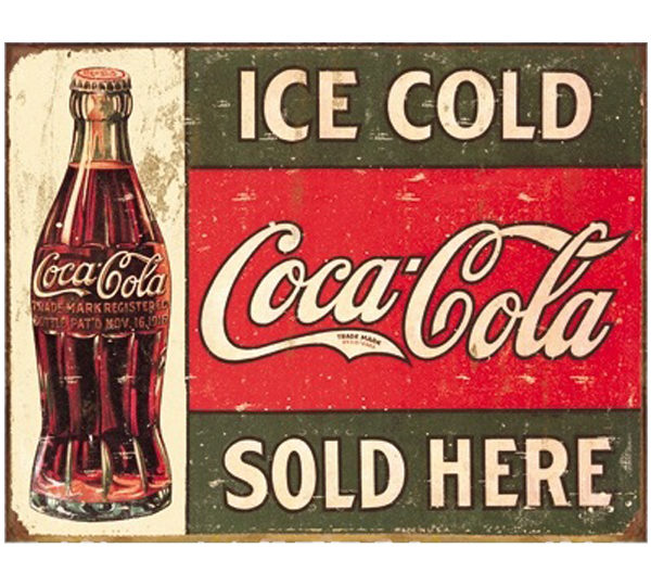 A sign advertising ice cold coca cola sold here.