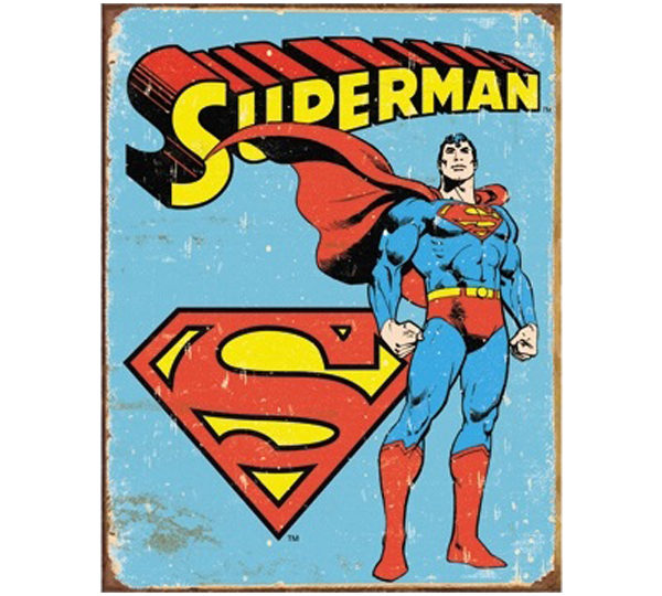 A blue and red superman sign with the word " superman " on it.