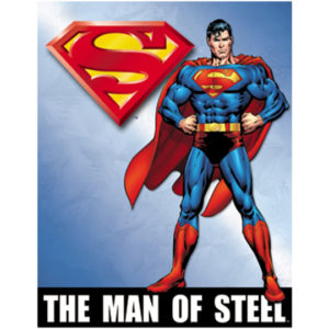 A man of steel poster with superman on it.