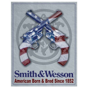 A poster of two guns with the american flag.