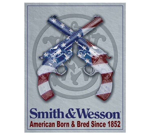 A poster of two guns with the american flag.